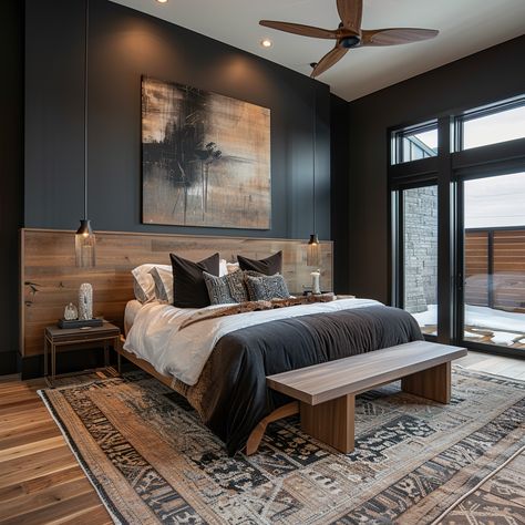 Rustic Luxe Decor Master Bedrooms, Navy Blue And Dark Wood Bedroom, Mens Home Design, Black And Natural Wood Decor Bedroom, Wood Wall Master Bed, Moody Bedroom White Bedding, Rustic Male Bedroom, Bedroom Backsplash Wall Ideas, Grey And Caramel Bedroom