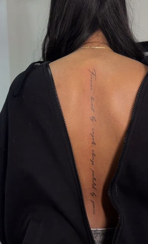 Unique Men’s Sleeve Tattoo, Name Tattoo Down Spine, Phrase Spine Tattoo, Arabic Tattoo On Spine, Dainty Inspirational Tattoos, Writing Spine Tattoos For Women, Back Tattoo Ideas Female Meaningful, Sayings For Spine Tattoos, Spine Name Tattoo