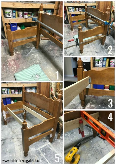 Crib Repurpose, Distressing Furniture, Bed Frame Bench, Repurposed Headboard, Old Bed Frames, Headboard Benches, Old Headboard, Making A Bench, Repurposing Ideas