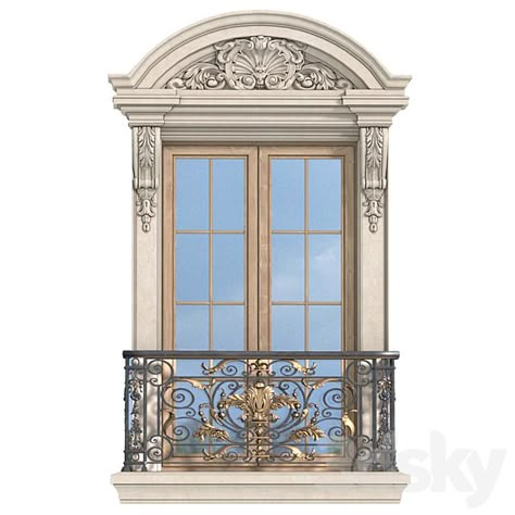 3d models: Facade element - Classic facade window with French balcony. Classic Forged Fence. Frame Window French Architecture Exterior, French Windows Exterior, Classic Facade Design, Delhi Cafe, Fancy Window, Facade Window, French Facade, Baroque Interior Design, Classical Facade