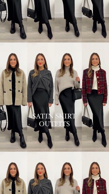 Stacie Elsmore on Instagram: "Satin skirt styling, part 2. 🖤 Which look is your favourite? I wanted to include some outfits that would be good for over the festive period & Christmas Day, whether you want to be dressy or just the smarter side of casual 🥰 You can shop all of my outfits on my Shop.ltk- the link is in my bio ✨" Christmas Party Outfits Satin Skirt, Satin Dress Knee High Boots, Black Satin Midi Skirt Outfit Christmas, Christmas Satin Skirt Outfit, Silk Skirt Christmas Outfit, Satin Skirt Christmas Outfit, Satin Skirt With Boots, Black Satin Skirt Outfit Party, Satin Skirt And Sweater Outfit