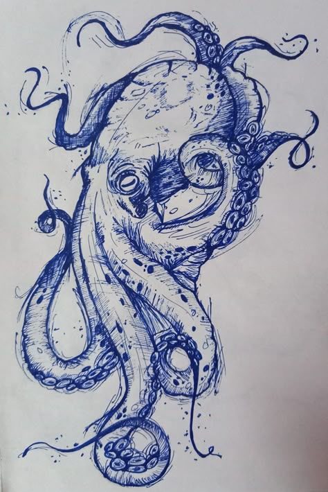 Octopus Ink Art, Blue Ink Drawing Sketch, Pen Sketchbook Ideas, Octopus Pen Drawing, Ocean Pen Drawing, Blue Pencil Drawing, Pen Drawing Blue, Octopus Ink Drawing, Aquarium Aesthetic Drawing