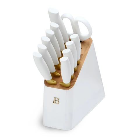 White Kitchen Knife Set, Gold Kitchen Accessories, Stainless Steel Knife Set, Apartment Checklist, Kitchen Shears, Block Colour, Block Color, Knife Block Set, Specialty Knives