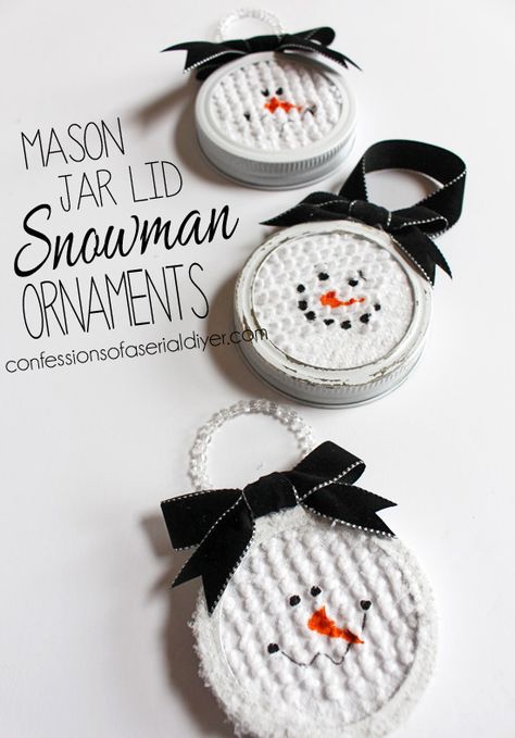 Mason Jar Lid Snowman Ornaments | The NY Melrose Family Jar Lid Crafts, Mason Jar Lids Ornaments, Diy Schneemann, Mason Jar Lid, Mason Jar Lids, Snowman Crafts, Snowman Ornaments, Mason Jar Diy, Mason Jar Crafts