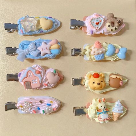 Cream Clip Handmade, Cream Glue Hair Clips, Kawaii Hair Pins, Cream Glue Keychain, Cream Glue Ideas, Cream Glue Diy, Decoden Hair Clips, Hair Accessories Business, Clay Hair Accessories