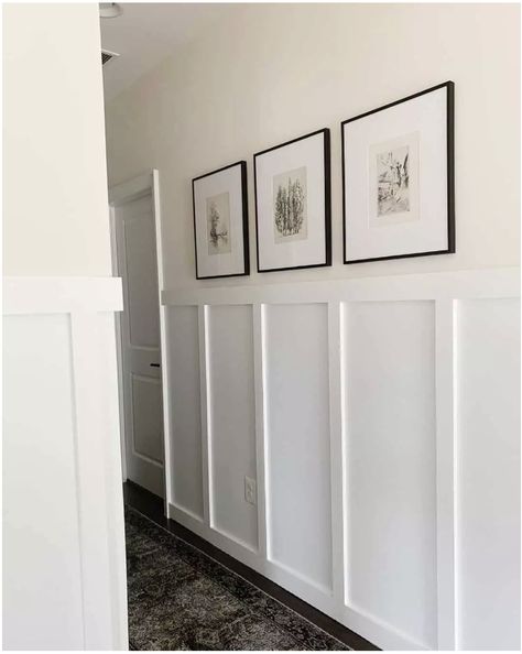 Hallway Wall Ideas, Decorating A Narrow Hallway, Board And Batten Hallway, Entry Hallway Ideas, Decorate Hallway, Agreeable Grey, Hallway Wall Decor Ideas, Long Narrow Hallway, Hallway Walls