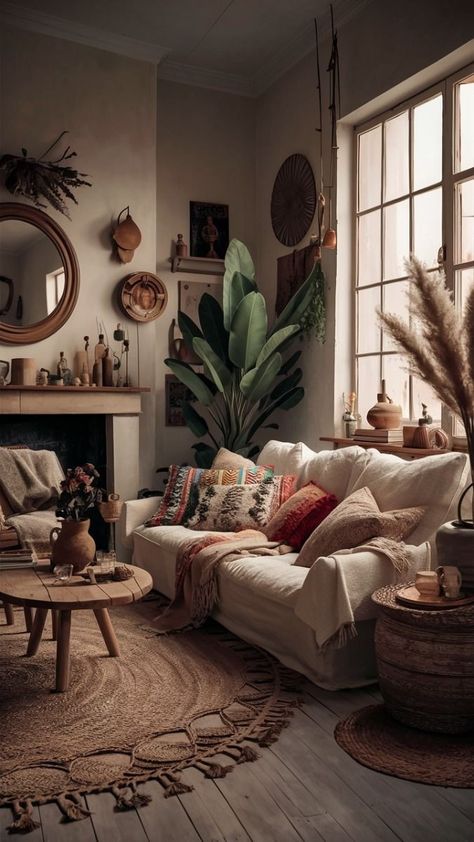 Lush Living Room, Moroccan Modern Living Room, Elegant Boho Living Room, Earthy Salon Decor, Boho Minimalist Living Room, Cozy Bohemian Living Room, Bohemian Rooms, Estilo Kitsch, Living Room Design Boho