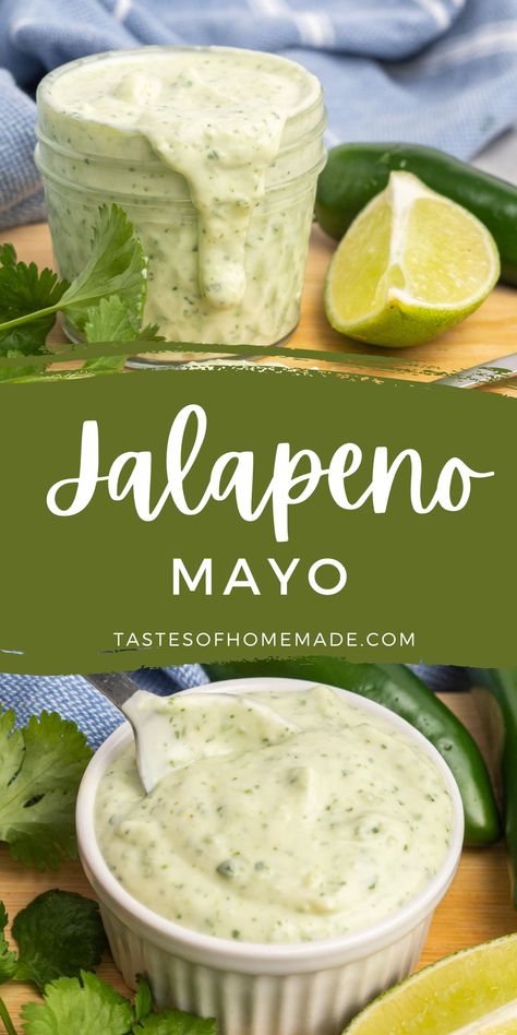 Jalapeno mayo is a delicious condiment with the fresh flavour of jalapeno, cilantro and lime. This spicy mayonnaise works great as a dip, sauce or spread. It can be used to flavour sandwiches or burgers, as a dip for your favourite appetizers, or as a sauce for grilled chicken. The fresh jalapenos add spice balanced by the fresh herbs and lime. Jalapeno Lime Sauce, Cilantro Mayonnaise Recipe, Cilantro Mayo Sauce, Mason Jar Sauces, Jalapeño Mayo Sauce, Jalapeño Lime Ranch, Jalapeno Lime Aioli, Jalapeno Burger Sauce, Jalapeno Aioli Recipes