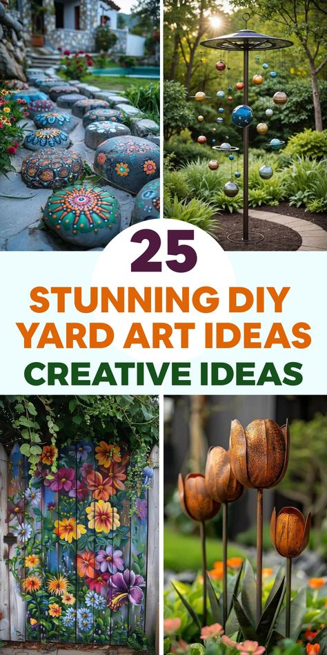 Enhance the beauty of your outdoor space with these imaginative DIY yard art projects. Let your creativity shine through with unique pieces like wind chimes and mosaics. Transform your garden into a personalized gallery that speaks to your style and spirit. Embrace the artist within you as you bring new life to your yard, crafting a captivating masterpiece that reflects who you are. Explore different ways to incorporate art into your outdoor decor and make your space truly special. Diy Yard Art Ideas, Yard Art Ideas, Wine Bottle Flowers, Diy Yard Art, Unique Garden Art, Yard Sculptures, Garden Lanterns, Garden Crafts Diy, Diy Yard