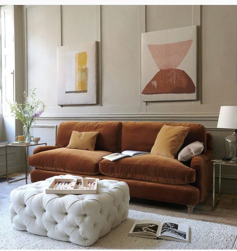 Footstool Coffee Table, Orange Sofa, Stylish Coffee Table, White Upholstery, Sofa Frame, Comfy Sofa, Classic Sofa, Beautiful Bedding, Front Room