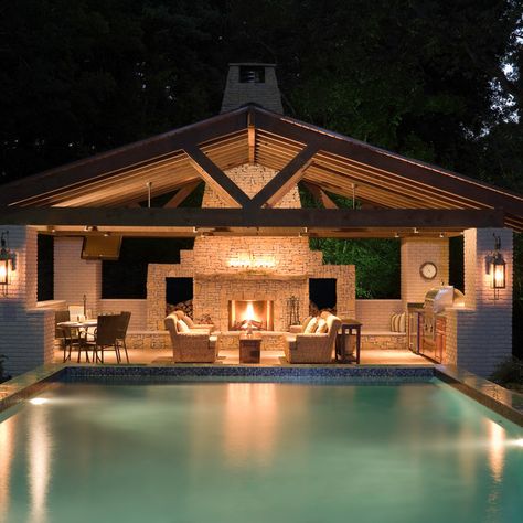 Luxury Pool with Modern Cabana - Modern - Pool - Atlanta - by Boyce Design + Build | Houzz Ranch House With Pool, Modern Farmhouse Pool, Pool Pavilion Ideas, Modern Cabana, Pool Cabana Ideas, Outdoor Pool House, Construction Planning, Build A Pool, Backyard Pool House