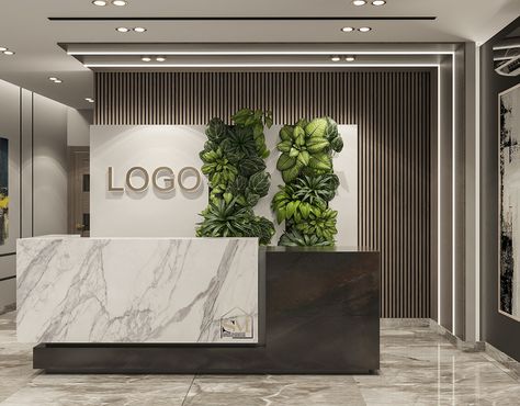 Office Reception Table Design Modern, Simple Office Reception Design, Company Name Wall Design, Front Reception Desk Ideas, Reception Interior Design Office, Recepsionis Design, Showroom Reception Design, Corporate Office Reception Design, Entrance Office Design