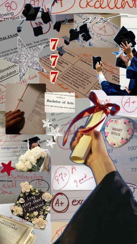 a background of straight A’s on various tests and assignments  overlaid with several silver and red stars and people throwing their graduation caps. Grad Picture Ideas, Senior Year Of High School, Thesis Writing, Writing Motivation, Music Theatre, Motivational Wallpaper, Scrapbook Stickers Printable, Grad Pics, Stickers Printable