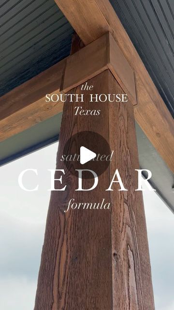 South House on Instagram: "🪵Saturated brown cedar formula, with no orange in sight!   🪵 When I asked for this stain to be created, I kept asking for a dark, not dull, but rich chocolate color & boy did my guys not disappoint!   🪵 SH created this custom stain, along with our friend at PPG & contracted painters 🙌 We specifically created this formula & are happy to share it with anyone who likes it, just comment below!  #cedar #interiordesign #homeinspiration #homeinspo #design #kitchenrenovation #kitcheninspiration #bathroominspiration #bathroominspo #homeoffice #carpentry #pinterestinspired #cabinet #newconstruction #realestate #realtor #mothersday" Solid Stain House Exterior, Cedar House Black Trim, Dark Stained Wood House Exterior, Cedar Posts Front Porch Stain Color, Porch Post Stain Colors, Cedar Beam Stain Colors, Dark Stain Porch, Cedar Headers Exterior, Stained Wood Front Porch