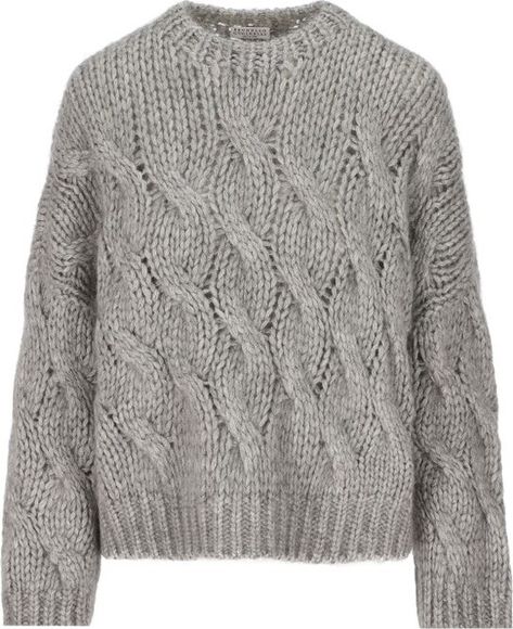 Brunello Cucinelli Cable-Knit Crewneck Jumper Grey Cable Knit Sweater, Chunky Cable Knit Sweater, Chunky Cable Knit, Loose Knit Sweaters, Cable Knit Jumper, Knit Sweaters, Airport Fashion, Loose Knit, Ribbed Knit Sweater