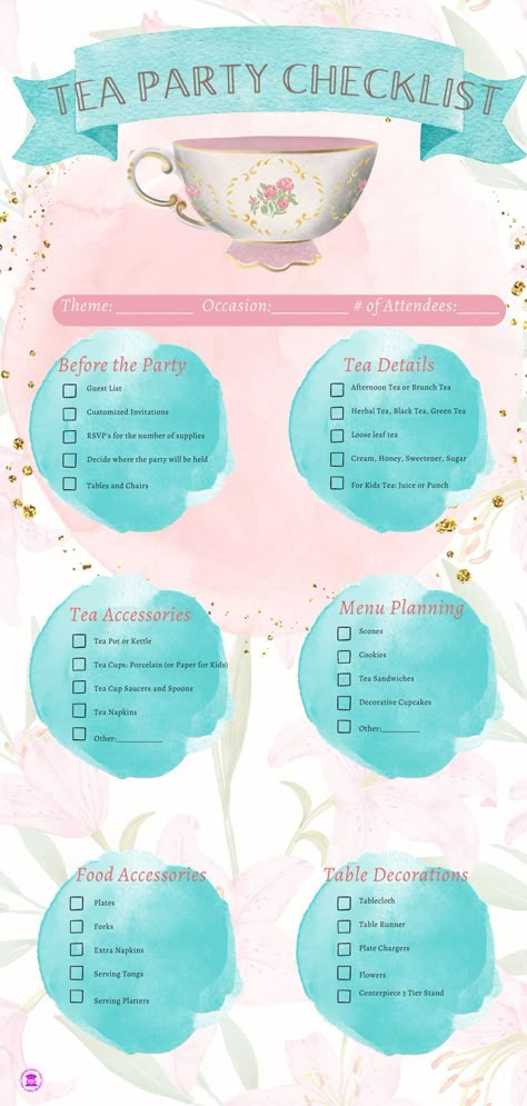 tea party checklist, free tea party checklist Kitchen Tea Party Ideas, Activities To Do At A Tea Party, Tea Time Table Decoration, Tea Party For Kids Decorations, Tea Party Birthday For Adults, Adult Tea Party Birthday Themes, Yea Party Activities, Cheap Tea Party Decorations, Tea Party List