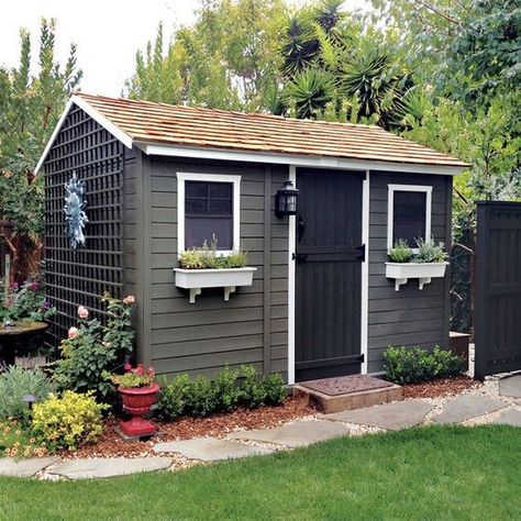 Painted Sheds, Shed Exterior Ideas, Painted Garden Sheds, Lady Lounge, Sheds Ideas Backyard, Outside Sheds, Small Garden Shed, Painted Shed, Shed Landscaping