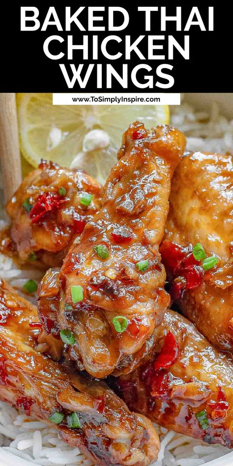 Thai chicken wings in a white bowl with rice. Thai Sweet Chili Sauce Recipe Chicken Wings, Thai Chili Wings Sauce, Baked Thai Chicken Wings, Thai Sweet Chili Wings, Thai Wing Sauce, Ginger Chicken Wings Recipes, Chili Garlic Chicken Wings, General Tso Chicken Wings, Peach Wings Recipe