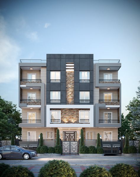 Elevation Design For Building, Small Residential Building Facade, Six Storey Building Design, Four Storey Apartment Building, New Classic Residential Building, 3 Storey Residential Building Design, Facade Design Apartment Building, Four Story Apartment Building, Exterior Residential Building