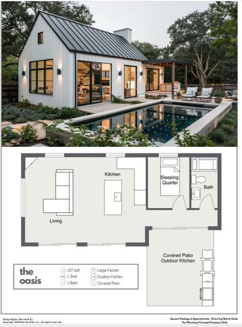 Introducing “the oasis” our first release of pool house floor plan designs. All floor plans are customizable and for inspiration only #barndoandco #barndobuilding #barndominiumlifestyle #barndoenvy #poolhouse #poolhousedesign #barndopoolhouse #metalbuildings #everythingbarndo Pool Cottage House, Pool House With Kitchen And Bathroom, Small Pool And Pool House, Backyard With Guest House, Small Barndominium Pool House, Pool House Apartment Floor Plans, Small Pool House With Bedroom, Modern Farm Pool House, Outside Guest House