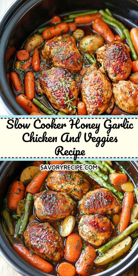 Want to impress your family with minimal effort? The Slow Cooker Honey Garlic Chicken and Veggies recipe offers a mouthwatering combination of flavors that everyone will love. Perfect for busy weeknights, make sure to save this crockpot recipe for an easy and satisfying meal anytime you need it! Honey Garlic Chicken And Veggies, Honey Chicken Crockpot, Healthy Crockpot Recipes Clean Eating, Crockpot Veggies, Slow Cooker Honey Garlic Chicken, Easy Crockpot Recipes Healthy, Paleo Crockpot Recipes, Fast Healthy Dinner, Chicken Crockpot Recipes Healthy