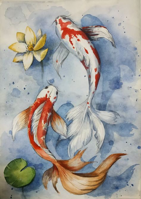 Koi Fish Realistic Drawing, Fishes Watercolor Painting, Koi Fish Watercolor Paintings Easy, Koi Fish Drawing Watercolors, Koi Fish Painting Tutorial, Koi Fish Drawing Color, How To Paint Fish, Koi Fish Watercolor Paintings, Koi Fish Painting Watercolors