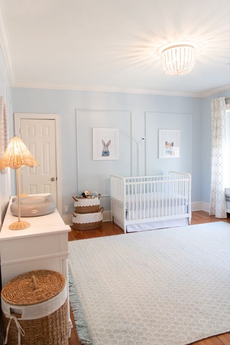 #babyboynursery #nursery #babyblue #traditionalnursery #grandmillenial Simple Blue Nursery, Blue Painted Nursery, Light Blue Baby Boy Nursery, Grandmillenial Nursery Decor, Light Blue Boy Nursery, Boy Nursery Paint Colors, Blue And Green Nursery, Blue Green Nursery, Blue Playroom