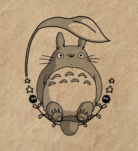 Totoro Holding Leaf, My Neighbour Toroto Tattoos, Studio Ghibli Totoro Art, Soot Sprite Art, Totoro Line Art, Studio Ghibli Art Draw, Totoro Sketch, Studio Ghibli Sketch, My Neighbor Totoro Tattoo