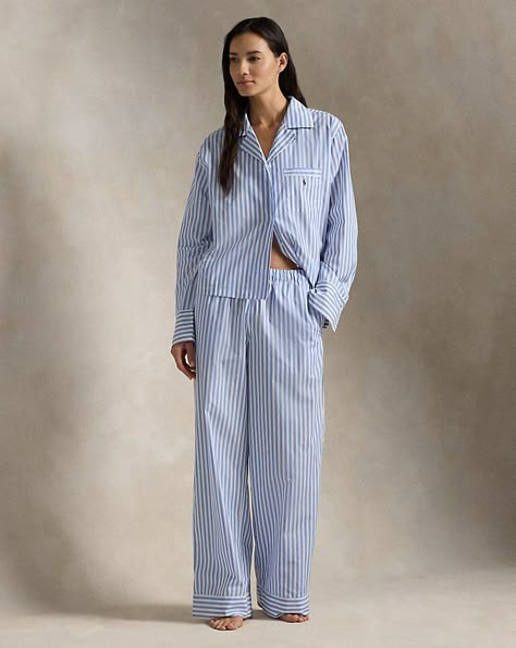 This two-piece pajama set is designed with classic shirting stripes and embroidered with our signature Pony. Crafted for comfort and longevity, its made with cotton poplin specially selected for its breathability and soft hand feel that will only get better over time. Ralph Lauren partners with Better Cotton™ to improve cotton farming globally. Better Cotton trains farmers to use water efficiently, care for the health of the soil and natural habitats, reduce use of the most harmful chemicals, and implement the principles of decent work. Robe And Pajamas, Women Pyjamas Nightwear, Chic Pajamas Outfit, Cotton Pjs For Women, Long Pajama Set, Ralph Lauren Pjs, Homewear Woman Women's Loungewear, Pj Sets Women, Pyjama Packaging