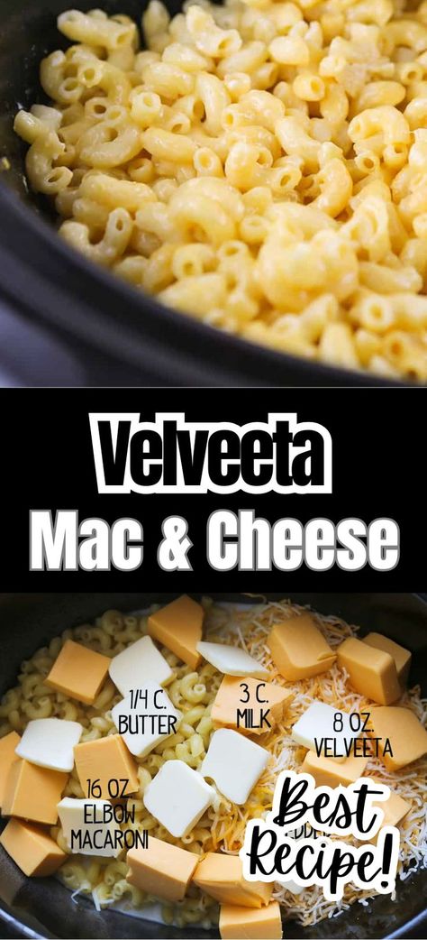 Collage of closeup shot of crock pot full of mac and cheese at top and overhead shot of crock pot with mac and cheese ingredients at bottom. Best Crockpot Mac And Cheese Recipe Velveeta, Crock Pot Mac And Cheese Recipe Slow Cooker, Crock Pot Mac And Cheese Velveeta Easy, Crock Pot Macaroni And Cheese Velveeta, How To Make Mac And Cheese With Velveeta, Simple Crock Pot Mac And Cheese, Mac And Cheese Crockpot Velveeta, Velvetta Mac And Cheese Recipe Crockpot, Macaroni And Cheese Recipe For A Crowd