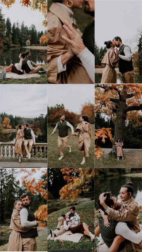 Fall Prewedding Photoshoot, Couple Photoshoot In Autumn, Photoshoot Fall Outfits, Autumn Outfit Photoshoot, Engagement Fall Photos Outfits, Autumn Pre Wedding Photoshoot, Fall Pre Wedding Photoshoot, Fall Prenup Shoot, September Couple Photoshoot Outfits