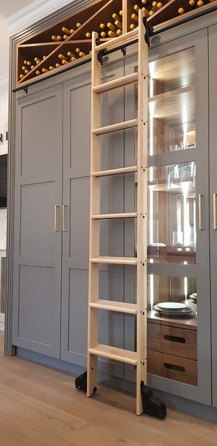 Kitchen Sliding Ladder, Library Ladder In Closet, Ladder In Pantry, Ladder For Bookshelf, Pantry Ladder Ideas, Kitchen Ladder Ideas, Cabinets With Ladder, Rolling Ladder Bookshelf, Pantry With Ladder