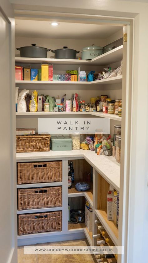 Walk In Larder Ideas, Larder Shelving Ideas, Walk In Kitchen Storage, Open Walk In Pantry Ideas, Building A Walk In Pantry In Kitchen, Kitchen Basket Drawers, Larder Ideas Walk In, Small Larder Ideas, Pantry In A Cabinet