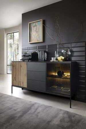 Display Sideboard, Stylish Sideboards, Sideboard Decor, Sideboard Grey, Living Room Tv Unit Designs, Living Room Tv Unit, Black Sideboard, Matching Furniture, Dining Room Home Office