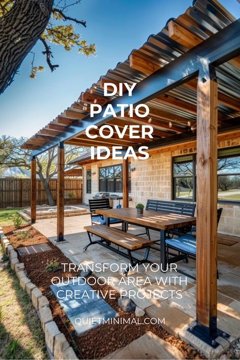 Build your own pergola and more with our DIY patio cover instructions. #BuildItYourself #DIYPergola Diy Back Porch Pergola, Galvanized Patio Cover, Diy Covered Porch Budget, Simple Patio Pergola, Building An Awning Over Patio, Diy Covered Deck On A Budget, Simple Patio Cover Ideas, Diy Awning Patio, Lean To Covered Patio