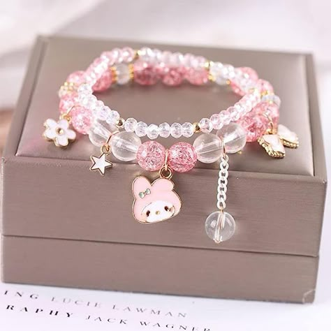 Kawaii My Melody charm bracelet! Cute flower, star, bow, and My Melody charms! On sale for $10.98 on amazon! Soft Girl Accessories, Aesthetic Bracelets, Cute Pink Outfits, Kawaii Bracelet, Sanrio Fashion, Girly Bracelets, Cute Jewellery, Crystal Bead Jewelry, Kawaii Sanrio