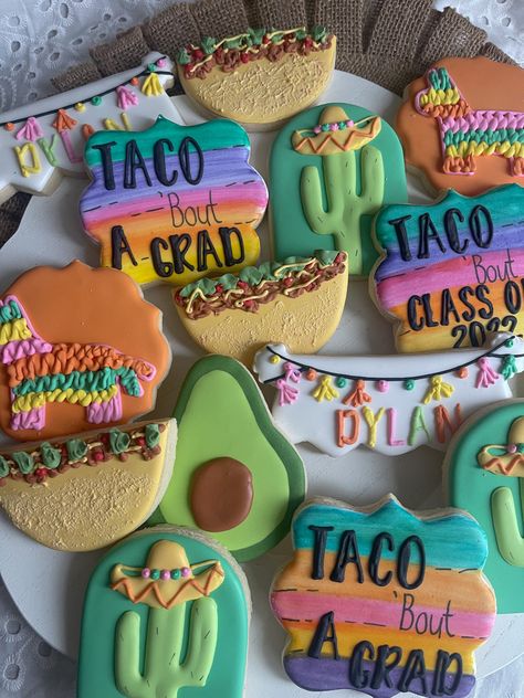 Taco Party Cookies, Fiesta Theme Graduation Party Ideas, Fiesta Graduation Cookies, Taco About A Future Graduation Party, Cinco De Mayo Graduation Party Ideas, Taco Bout A Future Grad Party, Fiesta Grad Party, Fiesta Graduation Cake, Taco Cookies Decorated