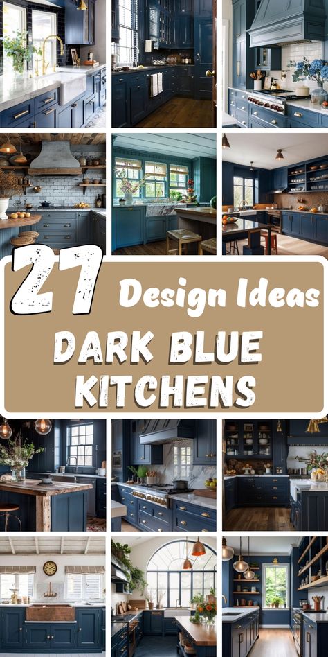 Discover the beauty of 27 dark blue kitchens designed to inspire your next renovation. These kitchens blend modern and farmhouse styles, featuring a variety of materials and decor ideas. Imagine dark blue walls paired with white cabinets, marble countertops, and gold fixtures for a timeless look. Whether you have a small kitchen or a spacious layout, these designs include creative storage solutions, backsplash tiles, and wood or granite countertops. Achieve a stunning and functional kitchen with Blue Kitchen Island With Butcher Block, Midnight Blue Cabinets Kitchen, Dark Blue Island, White Cabinets Marble Countertops, Kitchens With Granite Countertops, Blue Cabinets Kitchen, Blue Farmhouse Kitchen, Dark Blue Cabinets, Dark Blue Kitchen Cabinets