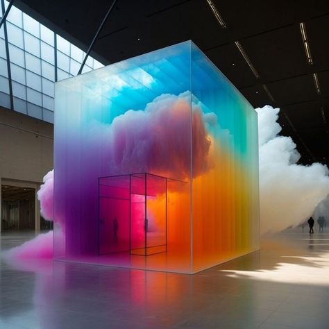 Experience Design Installation, Experiential Design Spaces, Immersive Exhibition Design, Glass Building Architecture, Cube Installation, Colorful Art Installations, Immersive Design, Color Installation, Immersive Exhibition