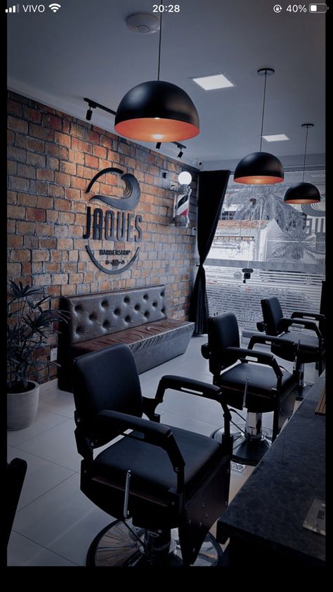 Barber Shop Lighting Ideas, Barber Salon Interior Design, Saloon Wall Design, Upscale Barbershop, Barbershop Design Interior Ideas, Barber Studio Ideas, Modern Barber Shop Interior, Barber Shop Ideas, Barber Interior Design