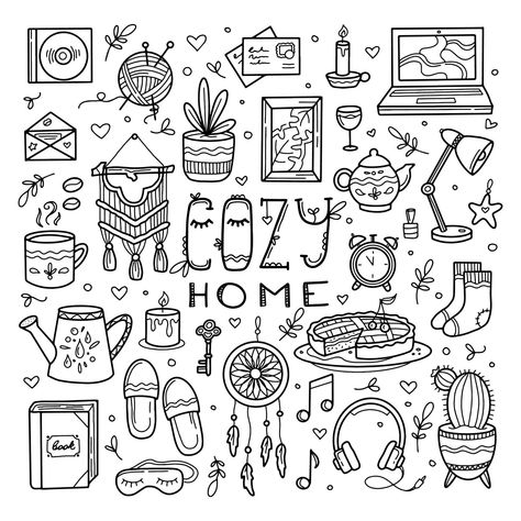 Sweet cozy home icon set, hand drawing doodle Interior Doodle Art, College Doodles, Therapy Doodles, Manifestation Images, Doodle Journaling, Cozy Home Aesthetic, Banner Doodle, House Doodle, Digital Doodles