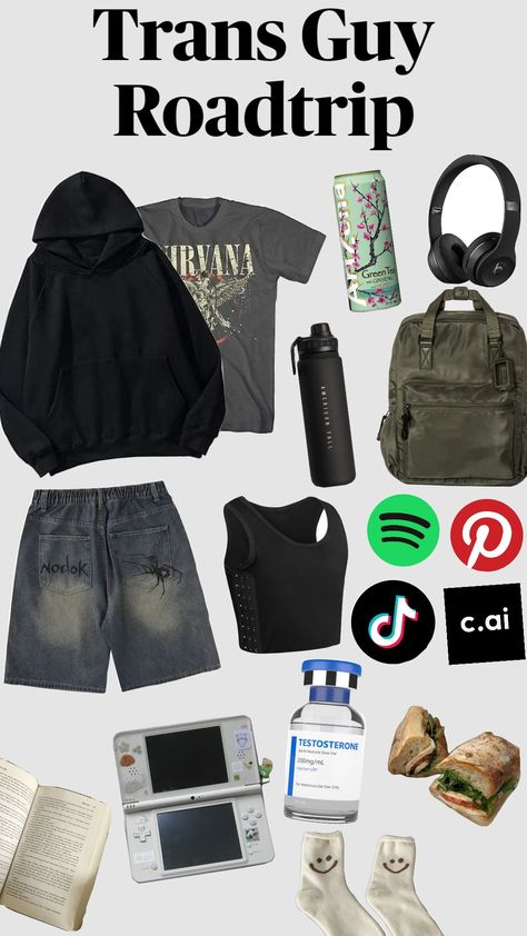 #roadtrip #trans #transgender #lgbtqia #lgbtq #ftm #transguy #vacation Trans Ftm Clothes, Trans Style Ftm, Transmasc Names Ideas, Ftm Aesthetic Outfit, Grunge Ftm Outfits, Trans Playlist, Trans Ftm Aesthetic, Tips For Trans Guys, Transition Goals Ftm