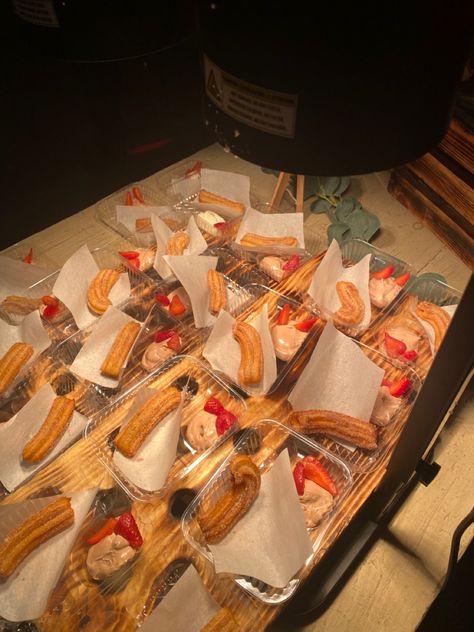 Churro catering display served with a chocolate dip and sliced strawberry. Churro Catering, Taco Bar Catering, Sliced Strawberry, Chocolate Dip, Bar Catering, Catering Display, Delicious Appetizers, Taco Bar, Street Corn