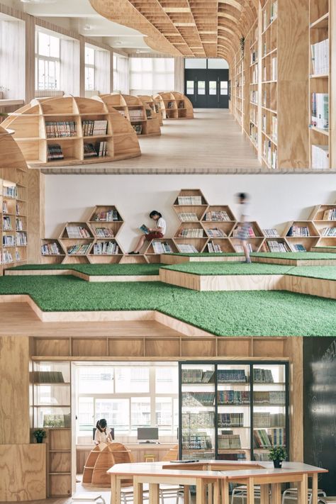 Design Library Architecture, Innovative Library Design, Elementary Classroom Interior Design, Interior Library Design, School Library Architecture, School Library Aesthetic Modern, Modern High School Library Design, Library School Design, Childrens Library Design