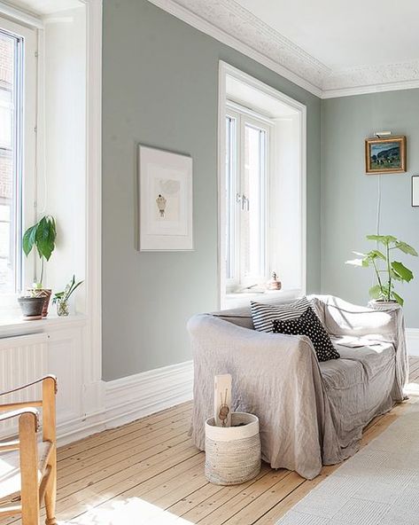 Soft aqua green walls in a pretty, light-filled apartment in Linnéstaden — a neighborhood in the central part of Gothenburg, sweden. built in 1885, it’s been given a modern facelift — they’ve added modern furnishings and lighting fixtures, and painted it a calming shade of pale green that looks really fresh with all that light streaming in. but they’ve kept all those turn of the century details intact — wide double doors, the high ceilings and gorgeous crown moldings. #lightblue #paintcolors #fa Borrowed Light, Color Home, Trendy Living Rooms, Trendy Bedroom, Living Room Green, Blue Living Room, Livingroom Layout, Living Room Colors, Living Room Grey