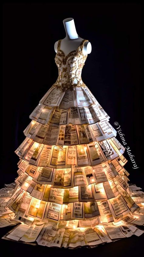 Fashion Made Out Of Trash, Recycled Gown Ideas, Junk Kouture Ideas, Paper Dress Fashion, News Paper Dress, Paper Gown, Cardboard Dress, Recycled Dress Ideas, Recycled Gown