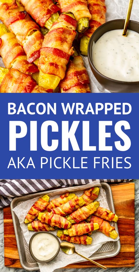 Bacon Wrapped Pickles -- These oven baked bacon wrapped pickle spears (aka pickle fries) are the perfect double-duty, easy appetizer for any gathering... Keto-friendly for your low carb guests, but still tasty enough to appeal to everyone else, and just 2 ingredients! | pickles wrapped in bacon | pickle fries recipe | bacon wrapped pickles recipe #baconwrapped #pickles #easyapps #easyrecipe #appetizers #appetizerseasy #appetizerideas Pickles Wrapped In Bacon, Pickle Fries, Bacon Wrapped Pickles, Wrapped Pickles, Pickle Spears, Oven Baked Bacon, Dips Recipes, Pickles Recipe, Friends Recipes