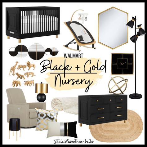 Black Crib Nursery, Gold Baby Room, Art Deco Nursery, Gold Baby Nursery, Black Gold Decor, Walmart Decor, Gold Crib, Black Gold Art, Gender Neutral Nursery Art