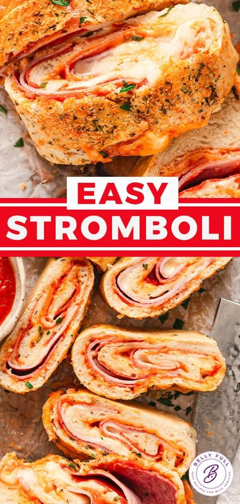 Stromboli Recipe l Belly Full Stromboli Recipe Easy Dough, Lunch Meat Stromboli, Quick And Easy Stromboli, Stamboli Recipes, Stromboli With Ricotta Cheese, Make Ahead Stromboli, Pillsbury Stromboli Recipe, Pillsbury Stromboli, Sbarro Stromboli Recipe