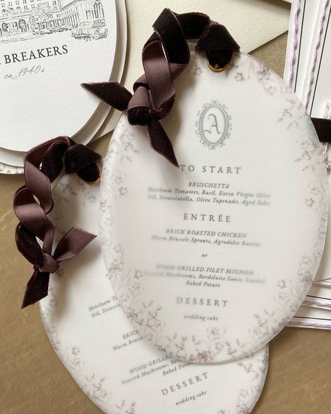 We are obsessed with this velvet ribbon twist holding the menu card and vellum cover together! Every bride and groom deserves a well designed, unique invitation suite and day-of paper goods, whether that would be for their wedding or another special occasion. ✨ What is your favorite dish on a wedding menu? Share your selection(s) in the comments! I’ll share mine there.😮‍💨 Ange xx Velvet Wedding Invitations, Wedding Place Settings, Menu Card, What Is Your Favorite, Wedding Place, Wedding Desserts, Menu Cards, Wedding Menu, Velvet Ribbon